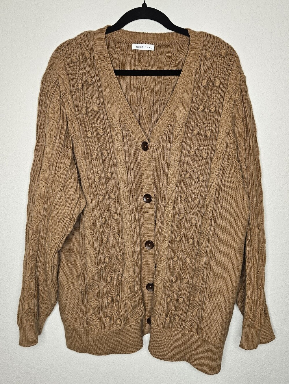 Neuflora Camel Popcorn Cable-Knit Button Cardigan